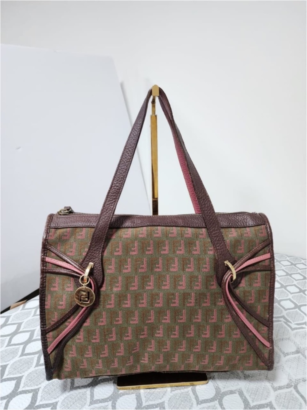 Authentic Fendi Zucchino Canvas and Leather Shoulder Bag Multicolor